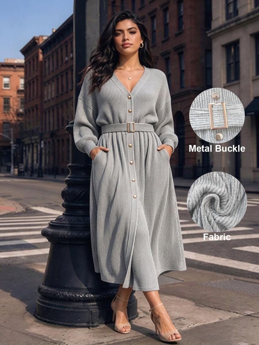 Juhart Women's Solid Color Button V-Neck Long Sleeve Dress, Autumn/Winter - Light Grey - View 1