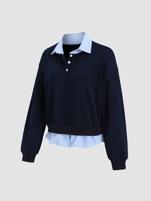 Sweetra Women's Casual Minimalist Versatile Striped Patchwork 2 In 1 Design Loose Sweatshirt - Navy Blue - View 6