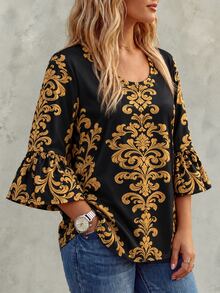 Linhara CURVE Plus Size Women's Black & Gold Vintage Baroque Pattern Scoop Neck 3/4 Flared Ruffle Sleeve Loose A-Line Blouse, Suitable For Afternoon Tea, Small Gatherings, Dates, Friends Get-Togethers - Black - View 1