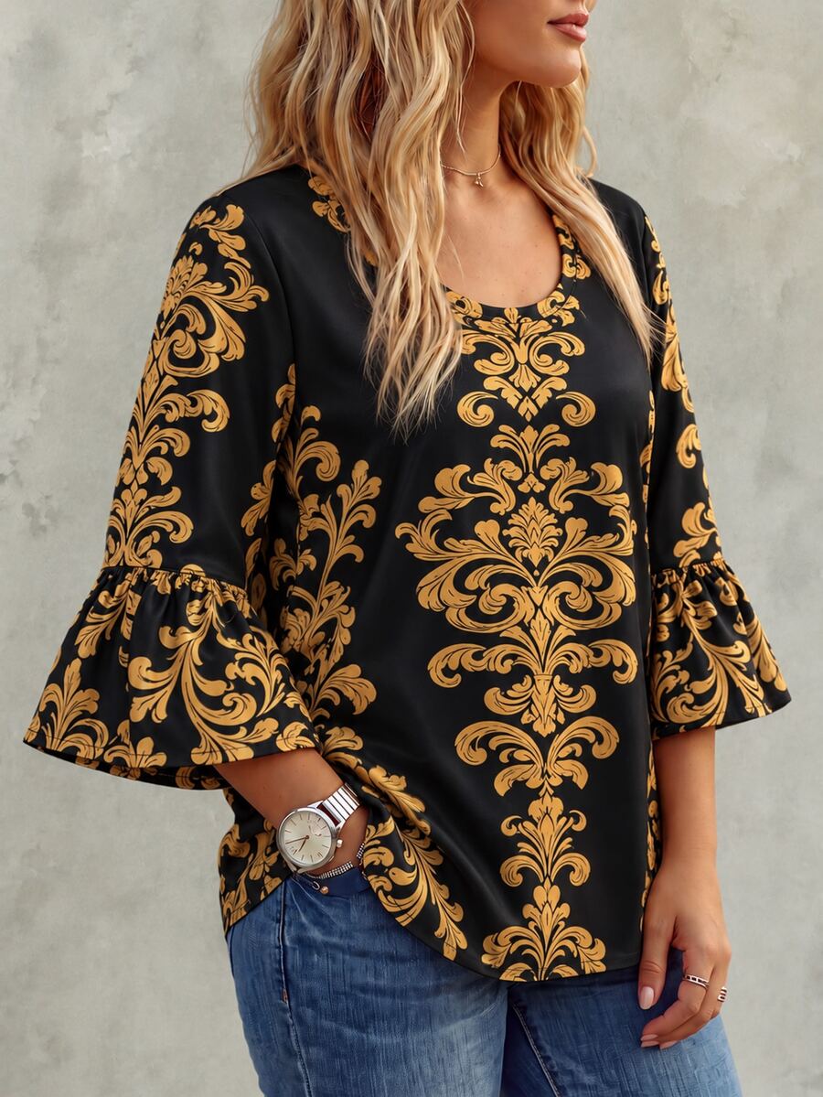 Linhara CURVE Plus Size Women's Black & Gold Vintage Baroque Pattern Scoop Neck 3/4 Flared Ruffle Sleeve Loose A-Line Blouse, Suitable For Afternoon Tea, Small Gatherings, Dates, Friends Get-Togethers - Black - View 1