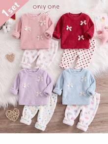 SHEIN 秋冬雙面法蘭絨加厚可愛白色3D蝴蝶結毛絨長袖上衣與粉色/白色粉色蝴蝶結加厚長褲女嬰家居服套裝 - 粉色 - 查看 8