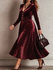 Linhara CURVE Plus Size Women's Leopard Print V-Neck Long Sleeve A-Line Pleated Elegant Dress - Burgundy - View 5