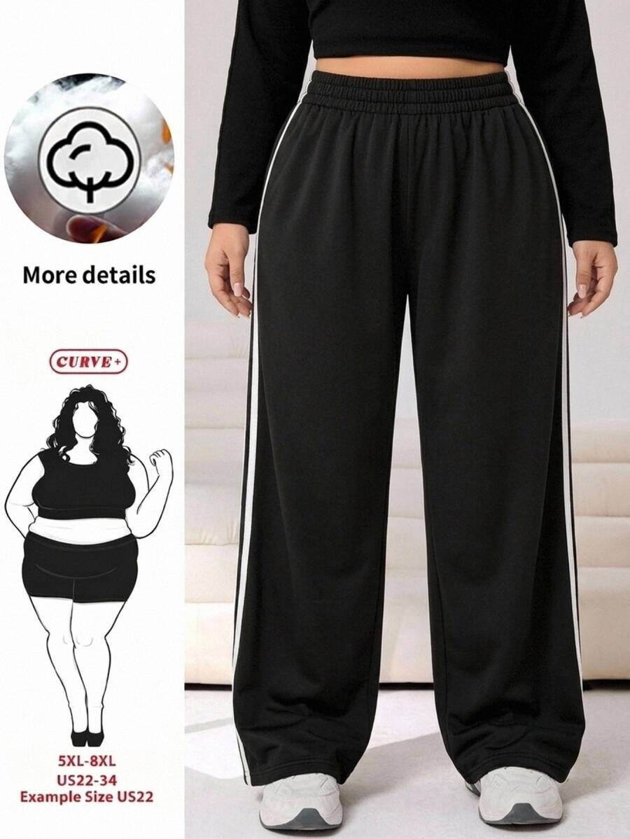 SHEIN CURVE+ 大尺碼黑色休閒抽繩腰寬鬆運動長褲,秋季 - 黑色 - 查看 1