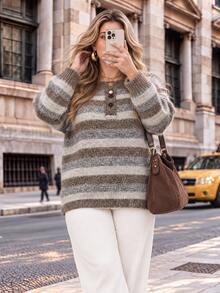 Vionelle Plus Size Striped Henley Neck Knit Sweater, Autumn/Winter Casual Long Sleeve Button Decor Pullover Knit Top, Suitable For Vacation Wear - Khaki - View 4