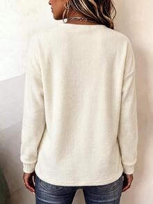 Zayélia Women Solid White Long Sleeve T-Shirt, Elegant Ruched Front V Neck Button Detail Casual Tee - Apricot - View 2