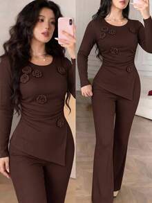 Feyla Plus Size Women Solid Color 2 Pieces Set Round Neck Floral Decor Slim Fit Suitable For Night Out, Holiday, Home, Daily, Birthday Party, Date - Coffee Brown - View 4