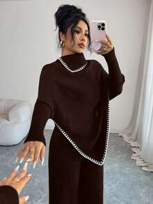 SHEIN Elenzya 女款秋冬長斗篷、寬鬆配色針織衫與寬腿褲2件套 - 棕色 - 查看 7