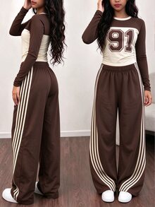 Tween Girls Autumn Casual Fashion Letter 91m Brown Striped Patchwork Ruched Waist Long Sleeve T-Shirt & Wide Leg Pants Set - Multicolor - View 1