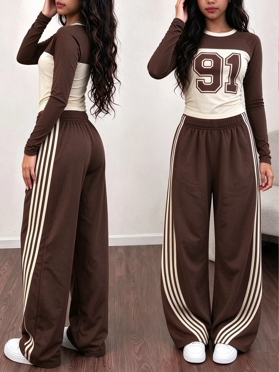 Tween Girls Autumn Casual Fashion Letter 91m Brown Striped Patchwork Ruched Waist Long Sleeve T-Shirt & Wide Leg Pants Set - Multicolor - View 1