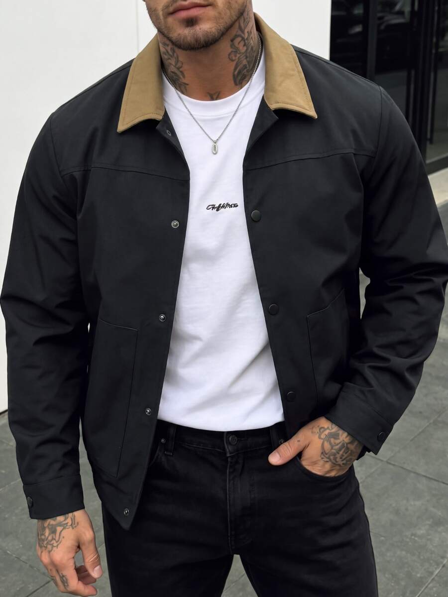 Manfinity Homme جاكيت رجالي بأكمام طويلة متعدد الألوان كاجوال متعدد الاستخدامات للارتداء اليومي - الأسود - مشاهدة 1