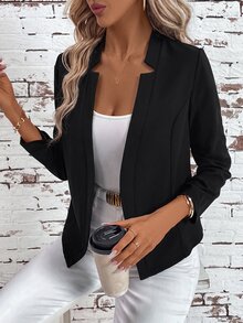 SHEIN Clasi جاكيت نسائي بلون موحد وياقة مفتوحة وحافة غير متماثلة وأكمام طويلة بتصميم كاجوال بسيط - الأسود - مشاهدة 5