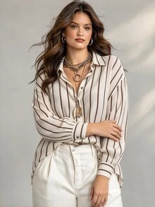 Ceyna Plus Size vintage minimalistisk mångsidig vardagspendling-kofta med knappar, lång ärm, aprikosfärgad bas med bruna ränder, för kvinnor - Kaffebrun - Visa 6