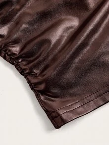 SHEIN EZwear 女款純色金屬質感百褶抹胸上衣，時尚百搭 - 棕色 - 查看 3