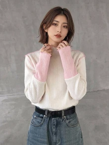 FRIFUL Women's Mock Neck Long Sleeve Fitted Cuff Color Block Wavy Hem Decor Regular Pullover T-Shirt - Pink - View 2