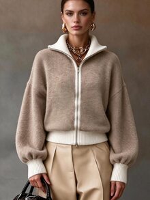 Omancia Elegant Lapel Zipper Dropped Shoulder Lantern Sleeve Design Women's Cardigan - Khaki - View 3