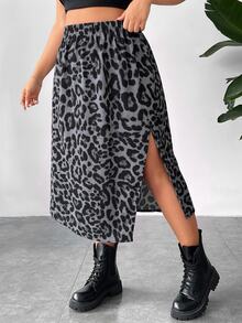 SHEIN PETITE CURVE 大尺碼女款豹紋彈性腰開衩裙 派對穿搭 節慶休閒 夏季度假 秋季穿搭 - 灰色 - 查看 6