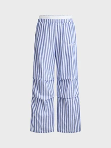 SWAVVY Quần nam ống đứng eo phối patchwork kẻ sọc, dáng rộng, thời trang dệt kiểu casual - Màu xanh lam - Xem 4