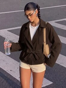 SHEIN 青少年女孩秋季寬鬆休閒極簡舒適收腰優雅短版時尚冬季外套，適合日常優雅通勤穿搭 - 巧克力棕 - 查看 8
