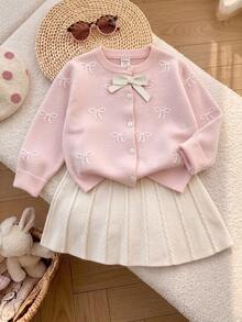 SHEIN Young Girl Young Girl Solid Color Knit Bow Pattern Sweater & Skirt Set 2pcs Suitable For Autumn/Winter - Pink - View 1
