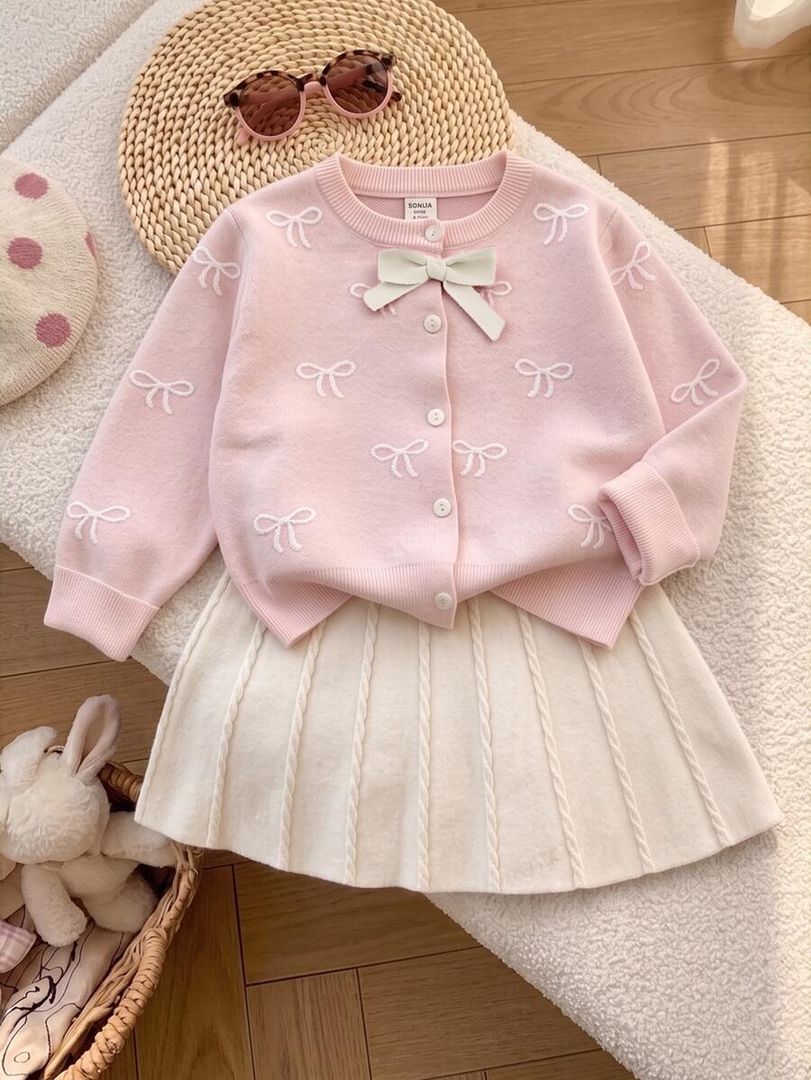 SHEIN Young Girl Young Girl Solid Color Knit Bow Pattern Sweater & Skirt Set 2pcs Suitable For Autumn/Winter - Pink - View 1