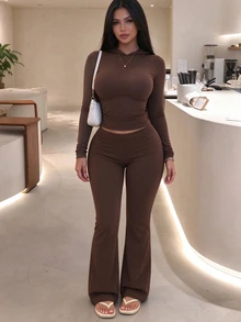INAWLY Solva Women's Solid Color Long Sleeve Hooded Sweatshirt And Flared Pants 2 Pieces Set - Coffee Brown - View 1