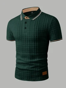 EGENSIO 男士休閒通勤拼接半開襟 Polo 衫 - 墨綠色 - 查看 7
