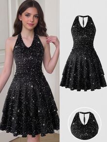 Girls' Black Starry Sky Draped Neck Dress, Cowl Neck Design With Ruched Waist, Double-Layer Ruffle Hem For Fluid Movement, Atmospheric Style, Suitable For Party And Halloween, Creating A Delicate Sweet And Cool Girl Look - Black - View 1