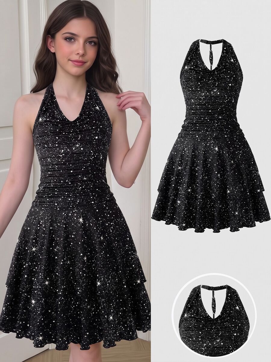 Girls' Black Starry Sky Draped Neck Dress, Cowl Neck Design With Ruched Waist, Double-Layer Ruffle Hem For Fluid Movement, Atmospheric Style, Suitable For Party And Halloween, Creating A Delicate Sweet And Cool Girl Look - Black - View 1