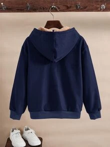 SHEIN 兒童青少年男孩休閒保暖內裡加厚寬鬆連帽夾克，冬季外套，男孩服飾，基礎上衣，適合秋冬季節，上學穿著 - 藏蓝色 - 查看 4