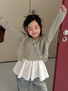 Dazy Kids مجموعة تي شيرت كاجوال من قطعتين للبنات (كبير) بتصميم مخطط وأكمام طويلة + توب بدون أكمام بتصميم باتشوورك - بيج - مشاهدة 4