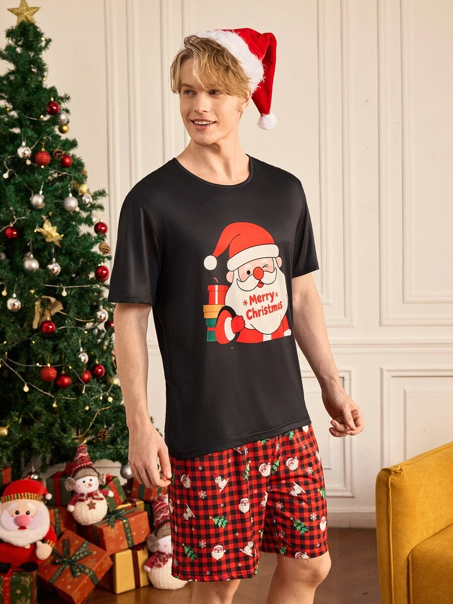 Notgurli Men's Funny Santa Claus Print Short Sleeve Pajama Set, Red & Black Plaid Comfortable Casual Lounge Shorts 2 Pieces Set - Multicolor - View 1