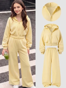 SHEIN 青少年女孩秋季套裝 2件/組 花卉灰色連帽拉鍊開襟衫、寬鬆長褲，粉色，秋季，休閒，度假 - 黃色 - 查看 3