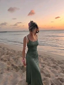 SHEIN MOD 橄欖色收腰抓褶擺裙式洋裝，夏季女款茶會洋裝 - 灰色 - 查看 4