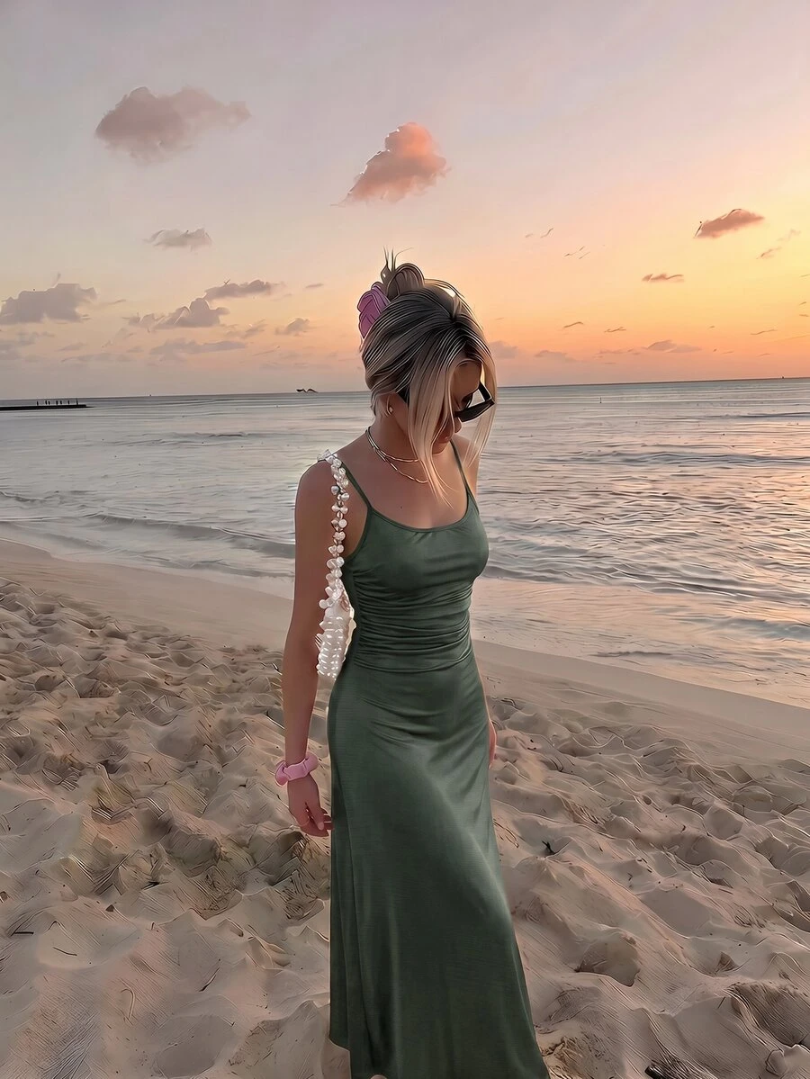 SHEIN MOD فستان زيتي بتصميم مكشكش عند الخصر وقصة متأرجحة، فساتين صيفية للنساء، فستان حفلة الشاي - رمادي - مشاهدة 1