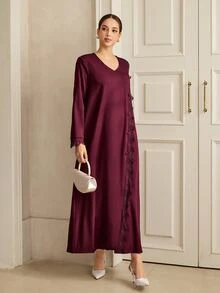 Graceveil Autumn Solid Color V-Neck Lace Patchwork Front Button Long Sleeve Loose Slimming Elegant Women's Dress - Burgundy - View 7
