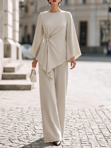 Penseblé European & American Luxury Elegant Solid Color Flutter Sleeve 2 Pieces Set, Exquisite Decorative Twist Knot Ruched Top And High-Waist Elastic Ruched Wide-Leg Long Pants, Silver Hair Grandmother Outfit, Suitable For Wedding, Party, Holiday, Graduation - Beige - View 4