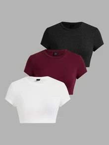 SHEIN EZwear 3件組女款休閒純色圓領短袖短版T恤 - 彩色 - 查看 1