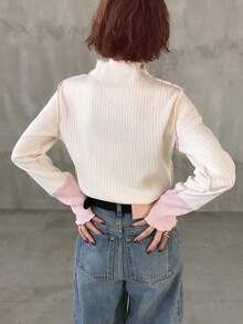 FRIFUL Women's Mock Neck Long Sleeve Fitted Cuff Color Block Wavy Hem Decor Regular Pullover T-Shirt - Pink - View 5