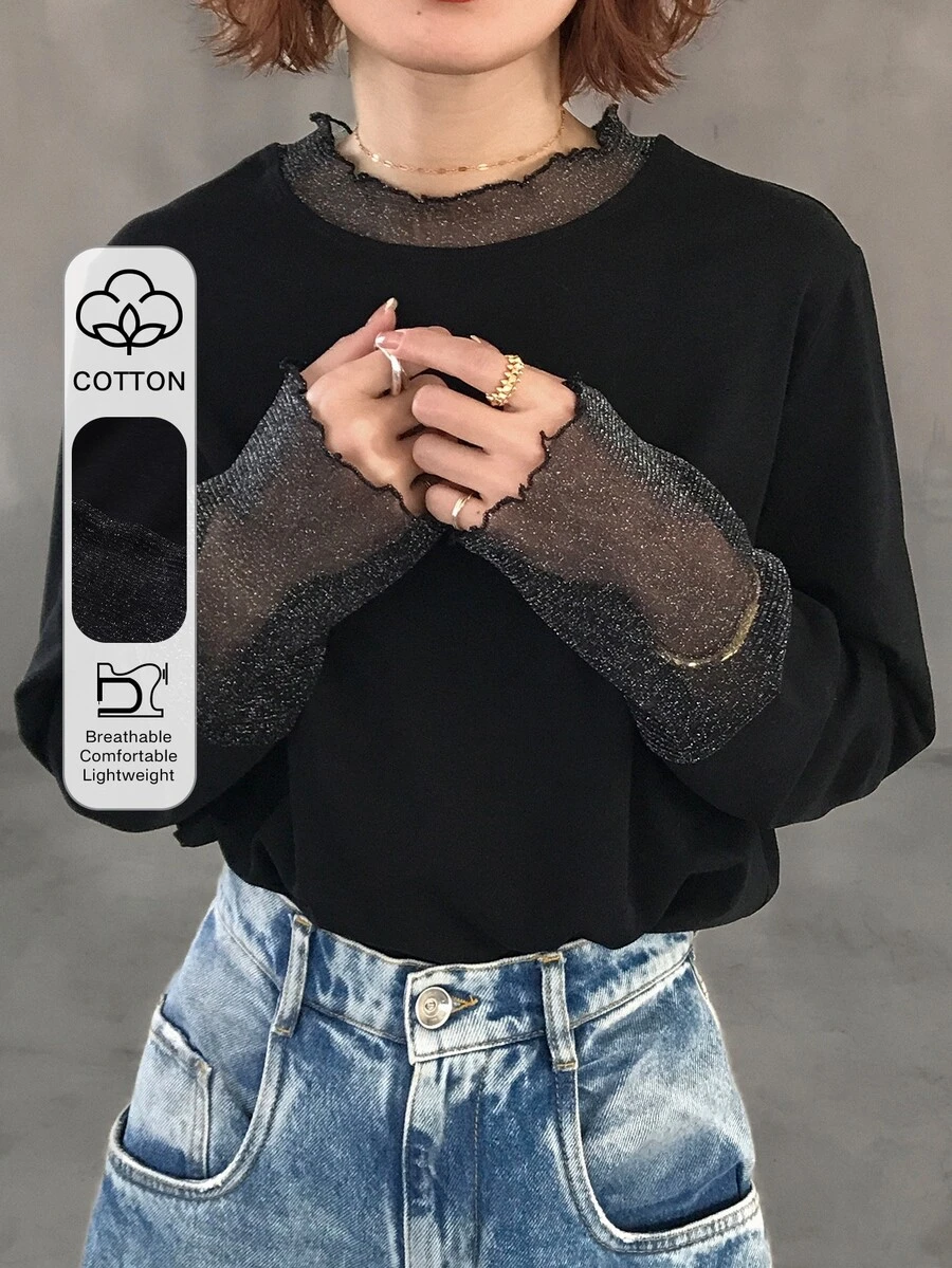 FRIFUL Solid Color Patchwork Sheer Polka Dot Mesh Fabric Loose Casual Versatile T-Shirt Fall - Black - View 1