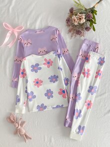 SHEIN 女童簡約休閒圓領花卉與貓咪印花長袖上衣搭配修身長褲套裝，柔軟彈性舒適，可愛俏皮，適合居家日常穿著，百搭貼身 - 紫色 - 查看 3
