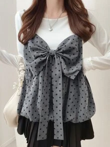 FRIFUL Women's Korean Style Bowknot Decor Polka Dot Camisole - Grey - View 2