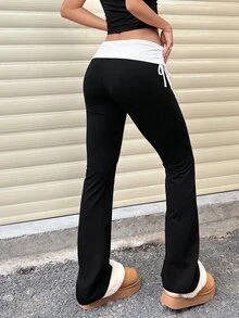 valorelle valorelle Contrast Color Folded Waist Side Drawstring Ribbed Wide Leg Yoga Pants, High Waist Butt Lifting High Stretch Casual Sports Long Pants - Multicolor - View 2
