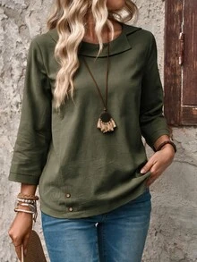 EMERY ROSE Ladies' Simple Solid Color Long Sleeve Linen Casual Shirt,Long Sleeve Tops - Army Green - View 6