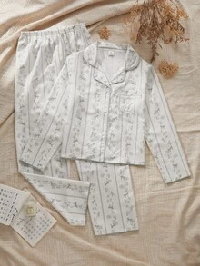 女童睡衣，花卉印花長袖上衣與長褲2件式休閒居家服套裝，適合前青春期女孩，秋冬款 - 杏色 - 查看 7
