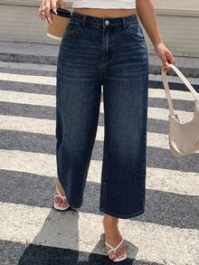 Dazy Plus Washed Blue Distressed Relaxed Straight Leg Long Jeans, Versatile Plus Size For Spring/Summer - Dark Wash - View 3