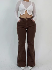 Dazy Plus Plus Size Vintage Button Pocket Flare Leg Denim Jeans - Brown - View 1