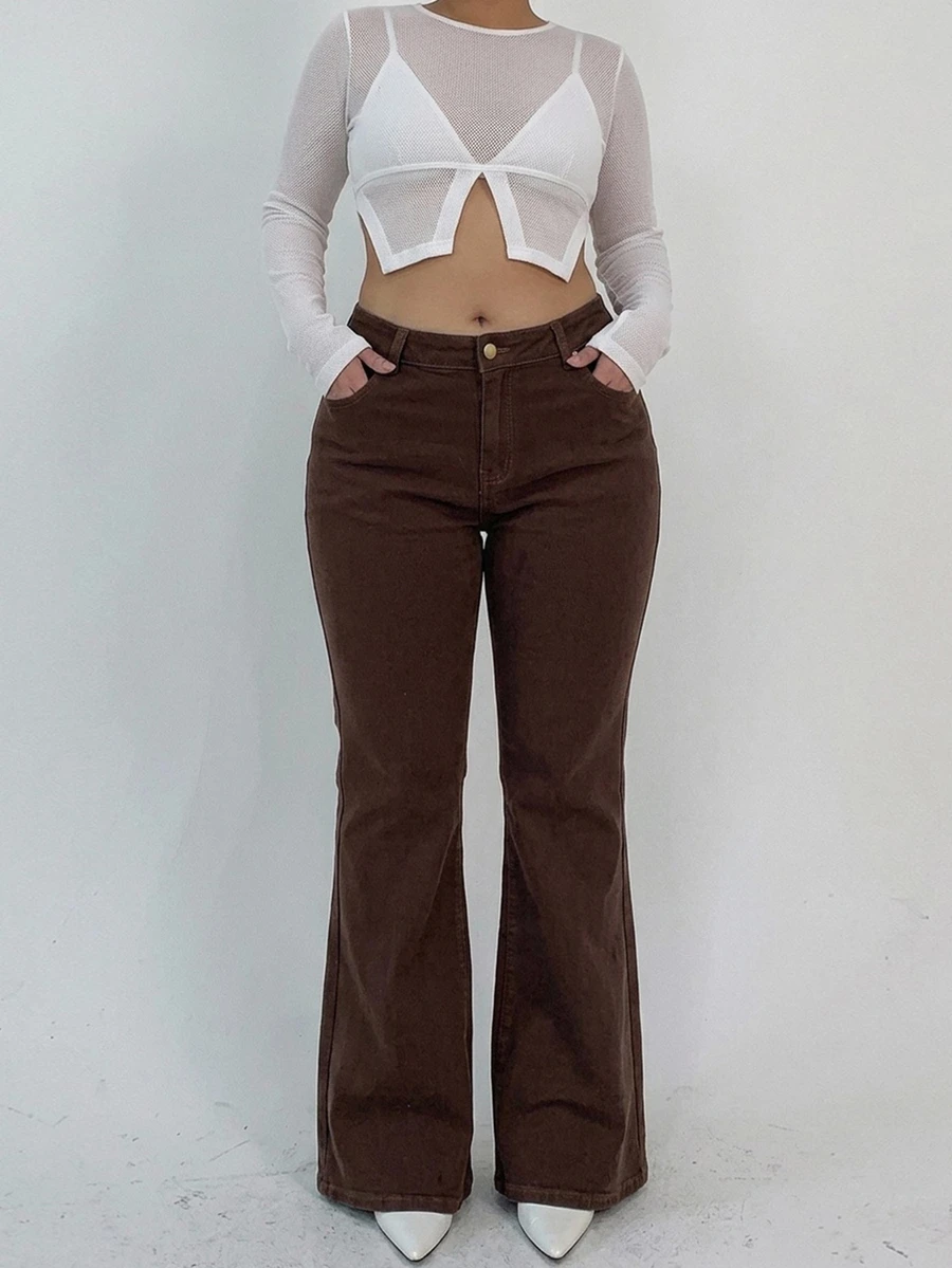 Dazy Plus Plus Size Vintage Button Pocket Flare Leg Denim Jeans - Brown - View 1