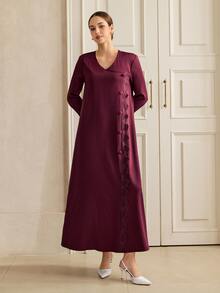 Graceveil Autumn Solid Color V-Neck Lace Patchwork Front Button Long Sleeve Loose Slimming Elegant Women's Dress - Burgundy - View 8