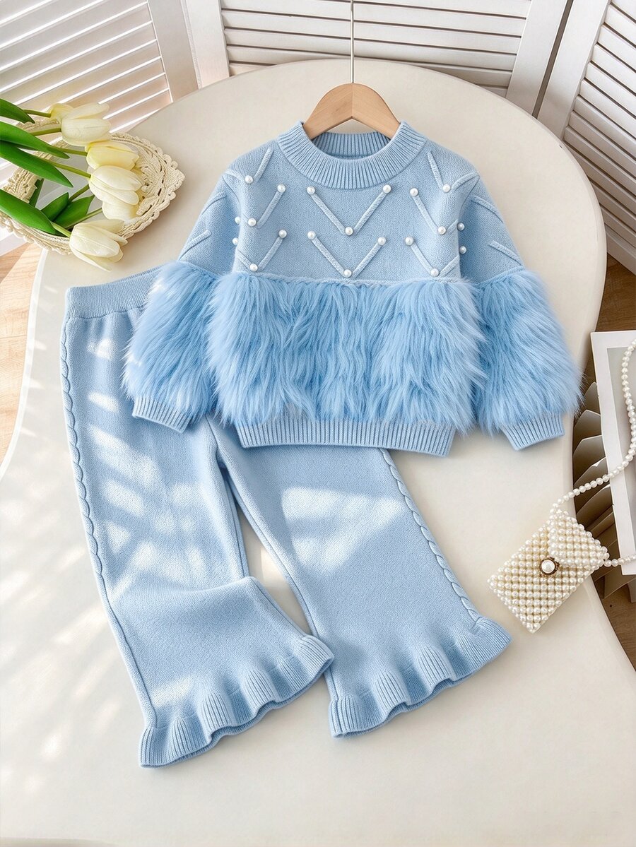 SHEIN 女童毛絨拼接圓領長袖上衣與長褲針織套裝 - 淺藍色 - 查看 1