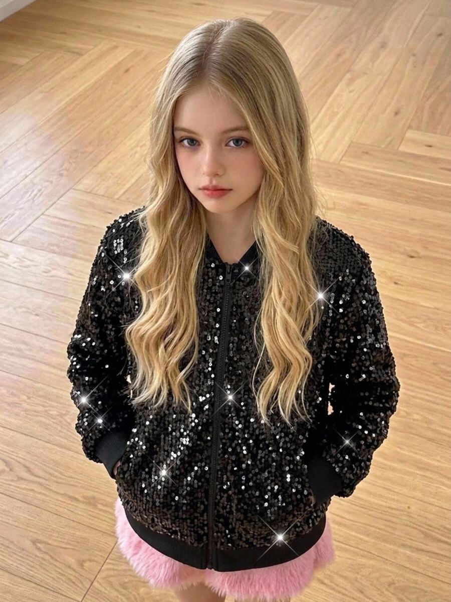 Tween Girl Tween Girls Jackets Autumn/Winter Black Sequin Open Front Jacket, Halloween, Party, Gothic Style - Black - View 1